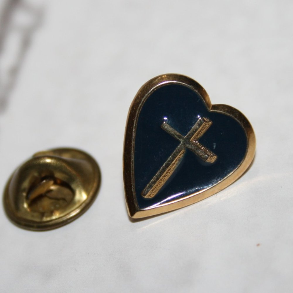 ✝️ Gold & Navy Blue Heart and Cross Lapel Pin · ⅝"